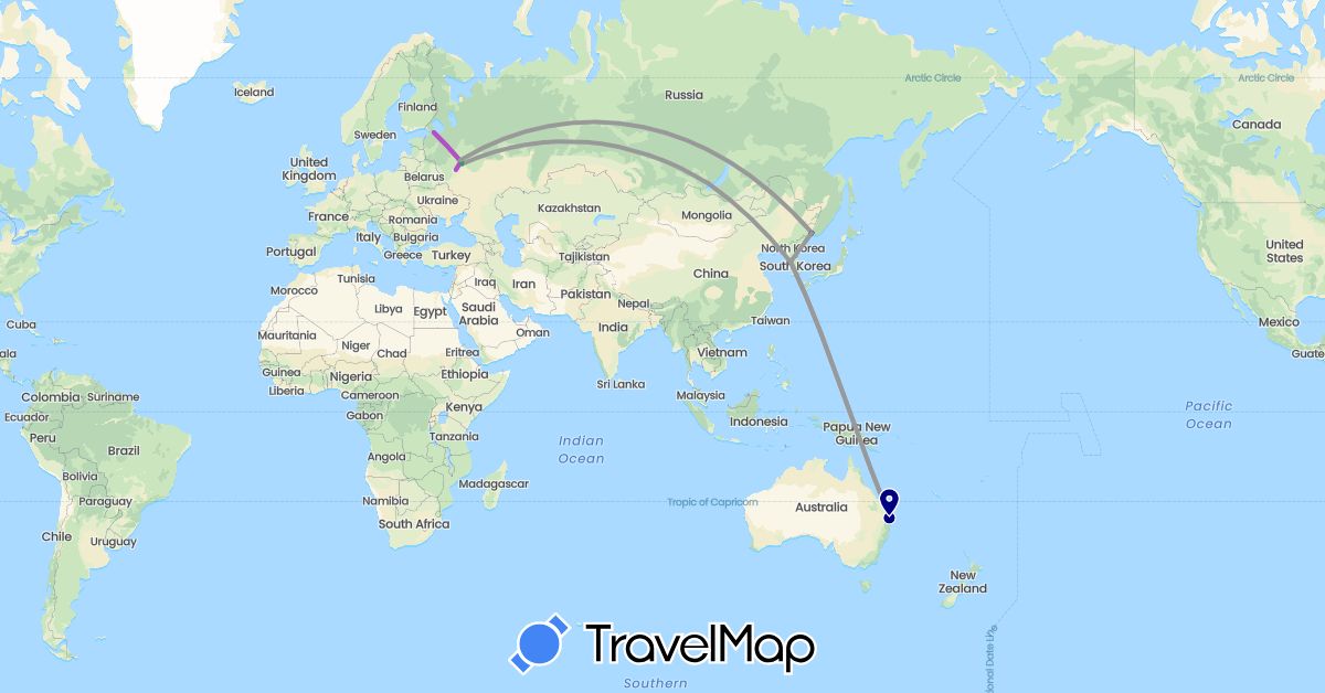 TravelMap itinerary: driving, bus, plane, train in Australia, South Korea, Russia (Asia, Europe, Oceania)